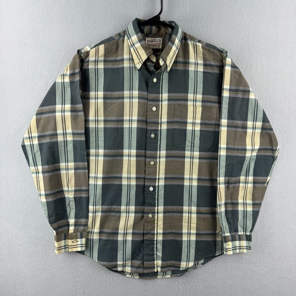 Vintage 60s Puritan Shirt Mens Medium Gray Plaid Button Down Long Sleeve Dacron